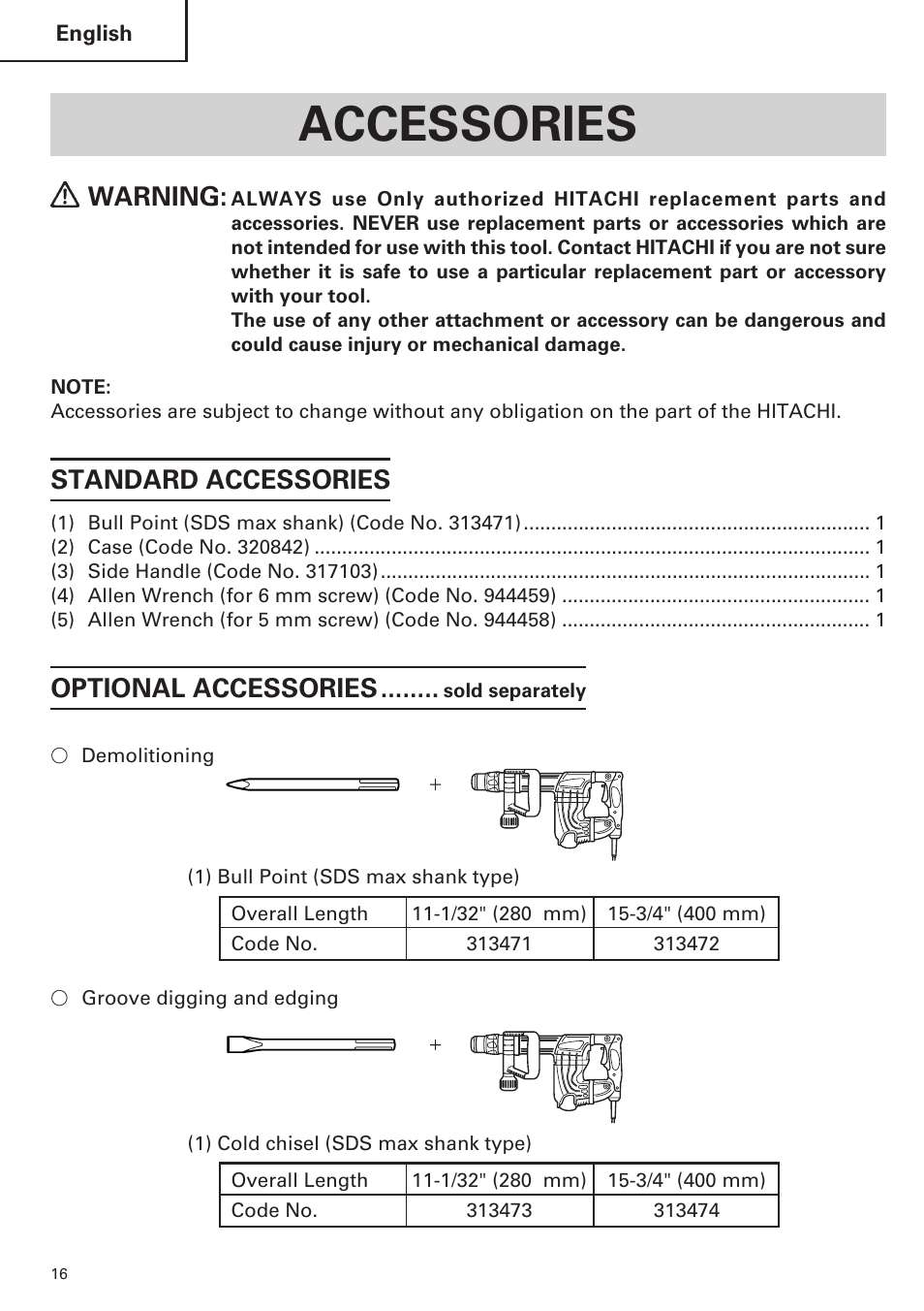 Accessories, Warning, Standard accessories | Optional accessories | Hitachi H 45MR User Manual | Page 16 / 52