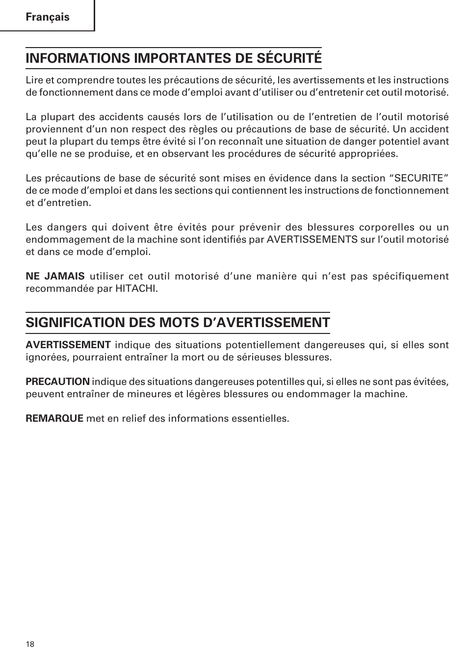 Informations importantes de sécurité, Signification des mots d’avertissement | Hitachi H 45MR User Manual | Page 18 / 52