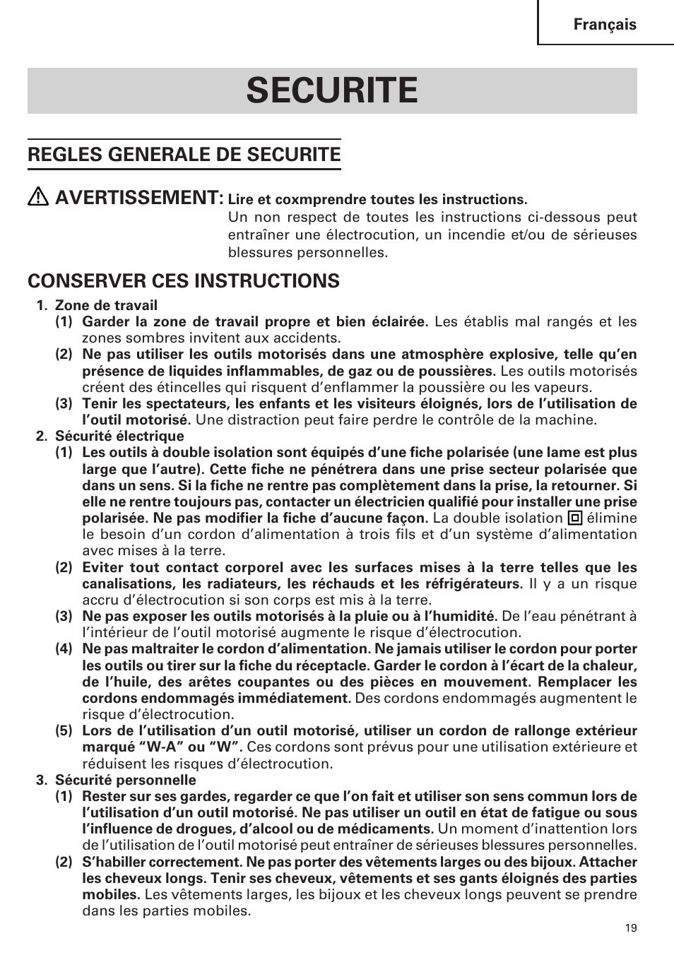 Securite, Regles generale de securite avertissement, Conserver ces instructions | Hitachi H 45MR User Manual | Page 19 / 52