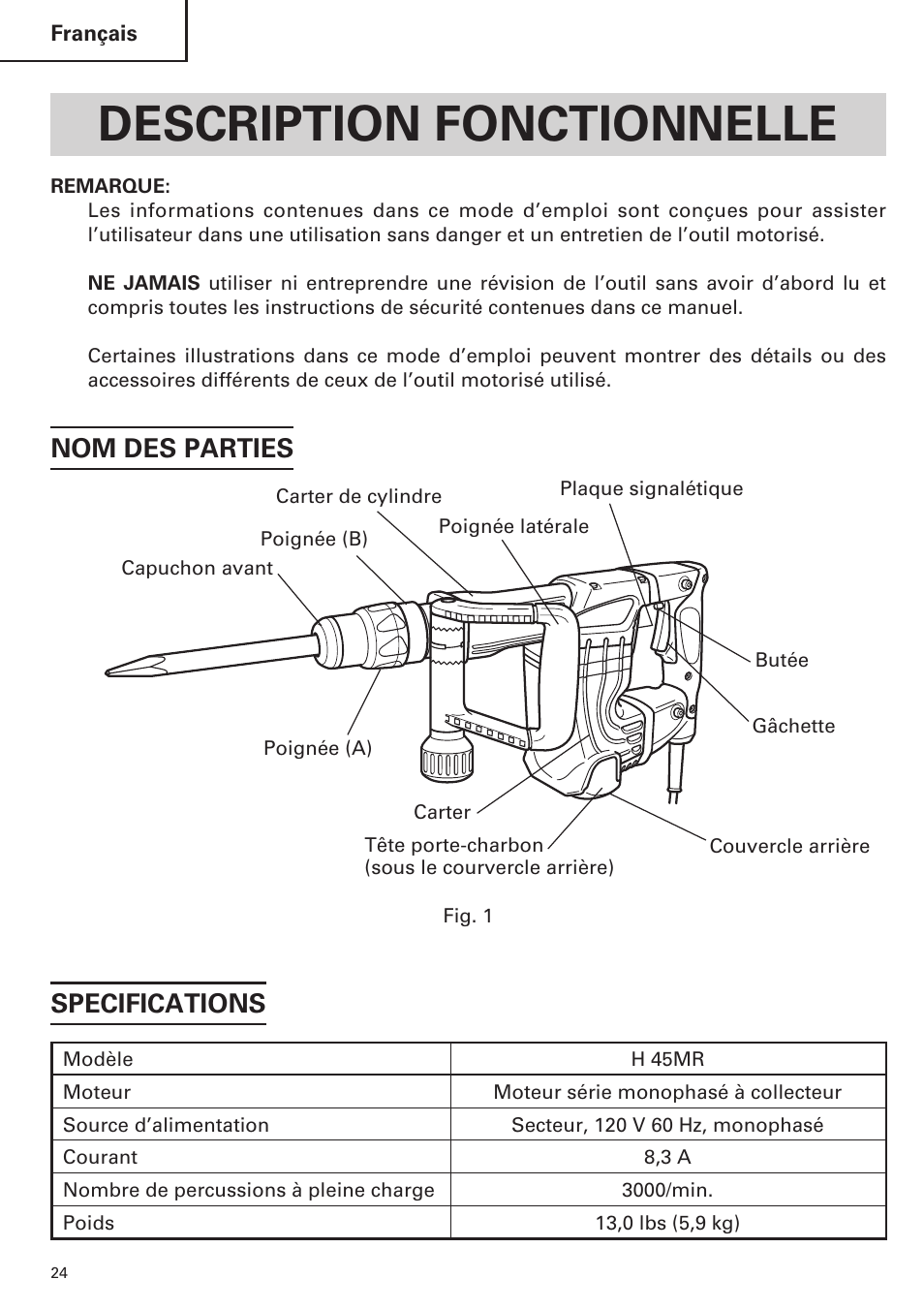 Description fonctionnelle, Nom des parties, Specifications | Hitachi H 45MR User Manual | Page 24 / 52