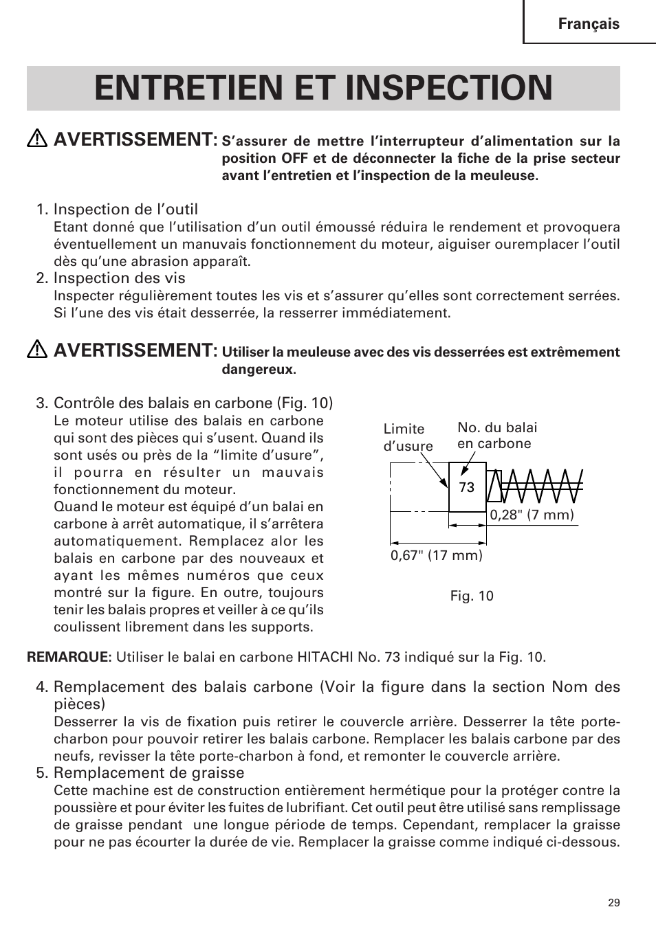 Entretien et inspection, Avertissement | Hitachi H 45MR User Manual | Page 29 / 52