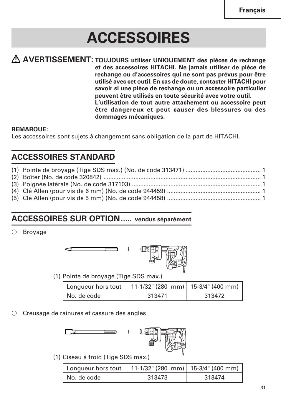 Accessoires, Avertissement, Accessoires standard | Accessoires sur option | Hitachi H 45MR User Manual | Page 31 / 52