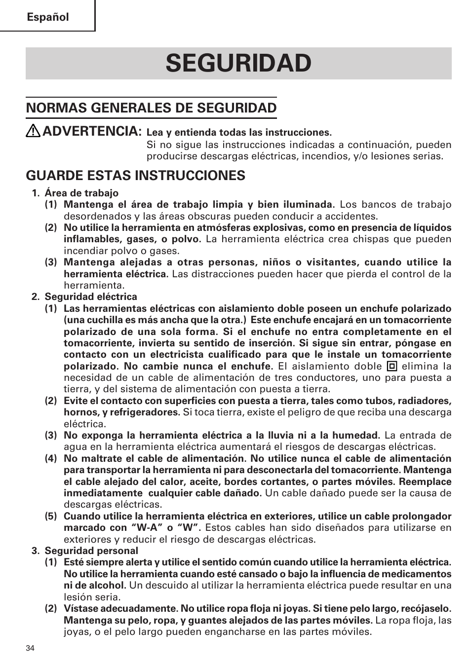 Seguridad, Normas generales de seguridad advertencia, Guarde estas instrucciones | Hitachi H 45MR User Manual | Page 34 / 52