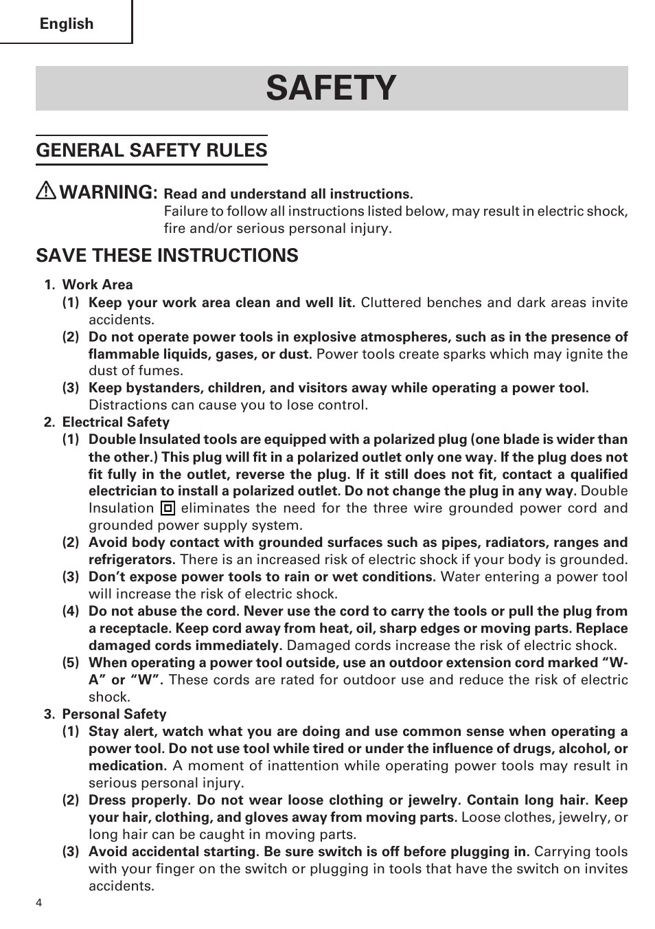 Safety, General safety rules warning, Save these instructions | Hitachi H 45MR User Manual | Page 4 / 52