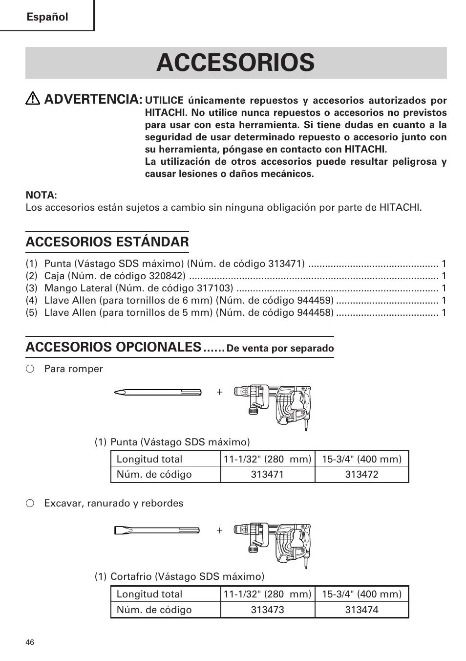Accesorios, Advertencia, Accesorios estándar | Accesorios opcionales | Hitachi H 45MR User Manual | Page 46 / 52