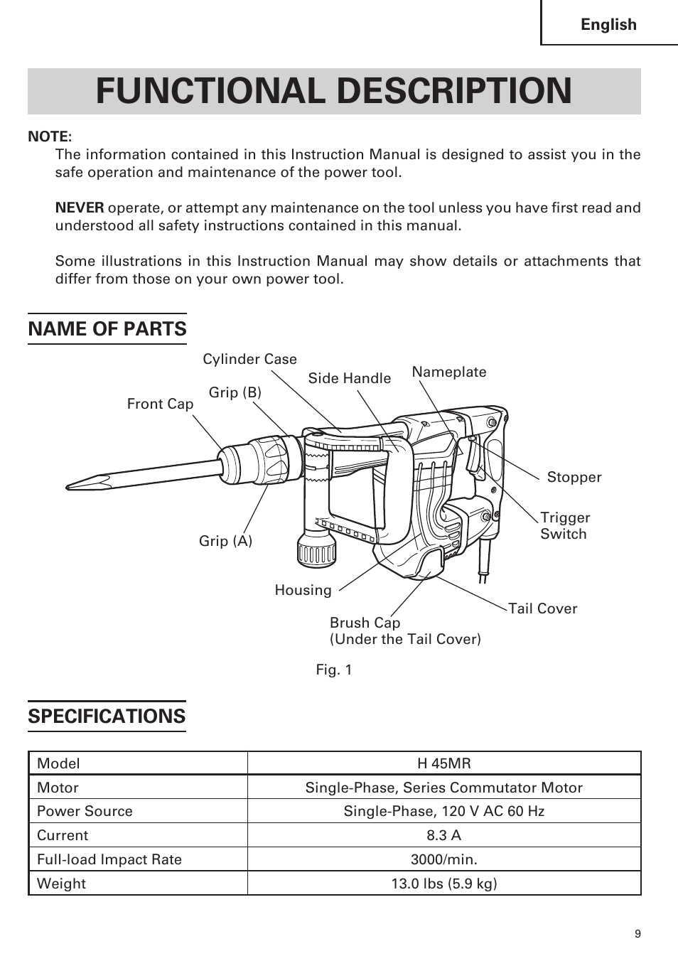 Functional description, Specifications, Name of parts | Hitachi H 45MR User Manual | Page 9 / 52