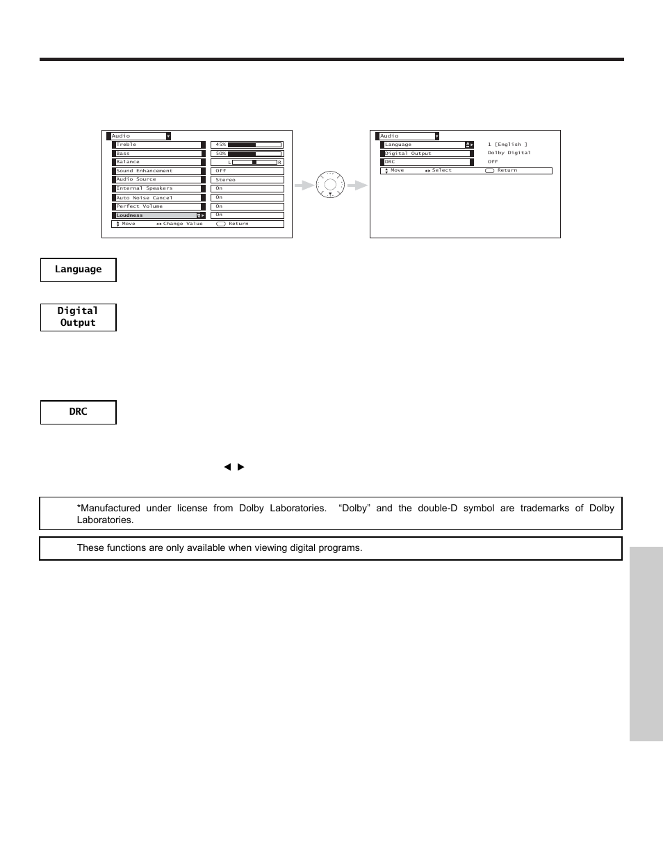 Audio, On-screen displa y, Digital and pcm. dolby | Hitachi 51S715 User Manual | Page 49 / 84