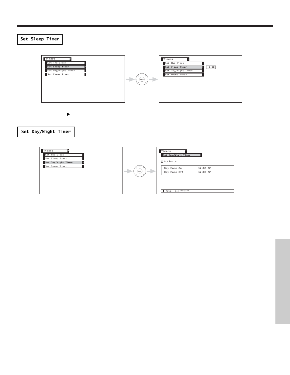 Timers, On-screen displa y, Set sleep timer set day/night timer | Hitachi 51S715 User Manual | Page 59 / 84