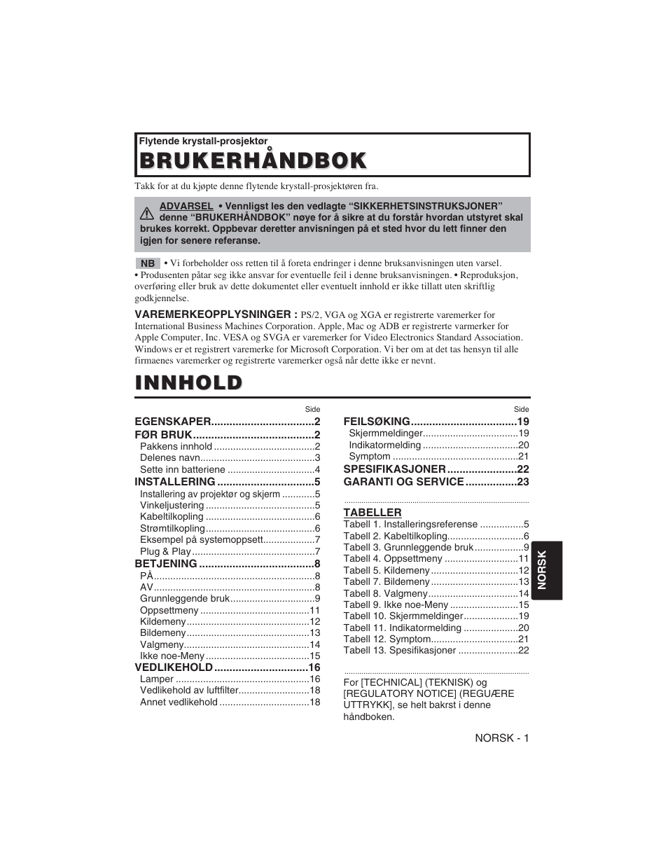 Brukerhåndbok, Innhold | Hitachi CP-S225W User Manual | Page 146 / 205