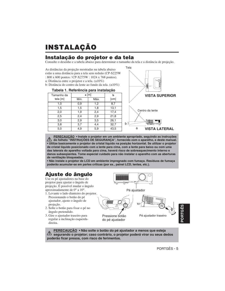 Instalação, Instalação do projetor e da tela, Ajuste do ângulo | Hitachi CP-S225W User Manual | Page 174 / 205