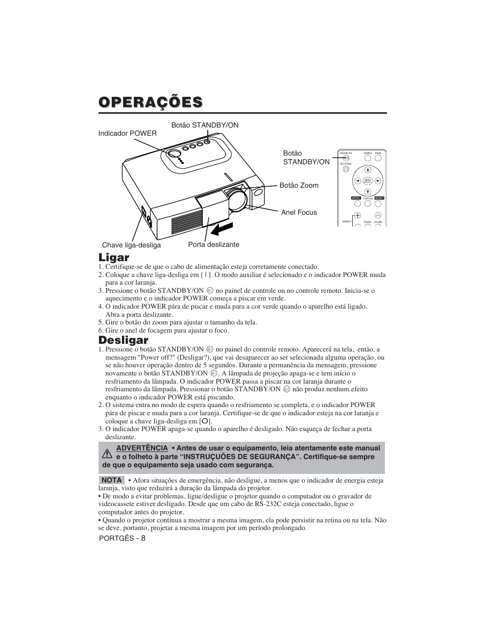 Operações, Ligar, Desligar | Hitachi CP-S225W User Manual | Page 177 / 205