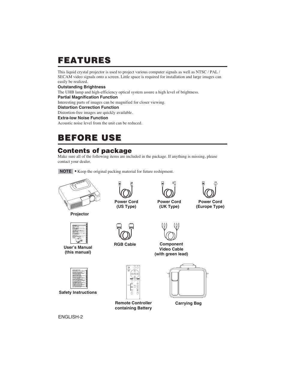 Features, Before use, Contents of package | English-2 | Hitachi CP-S225W User Manual | Page 3 / 205