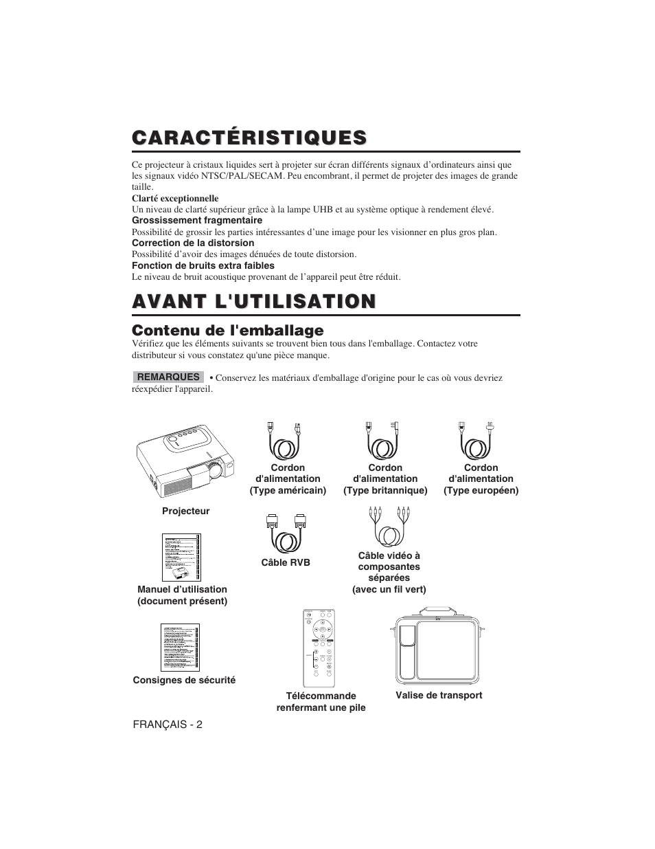 Caractéristiques, Avant l'utilisation, Contenu de l'emballage | Français - 2 | Hitachi CP-S225W User Manual | Page 51 / 205