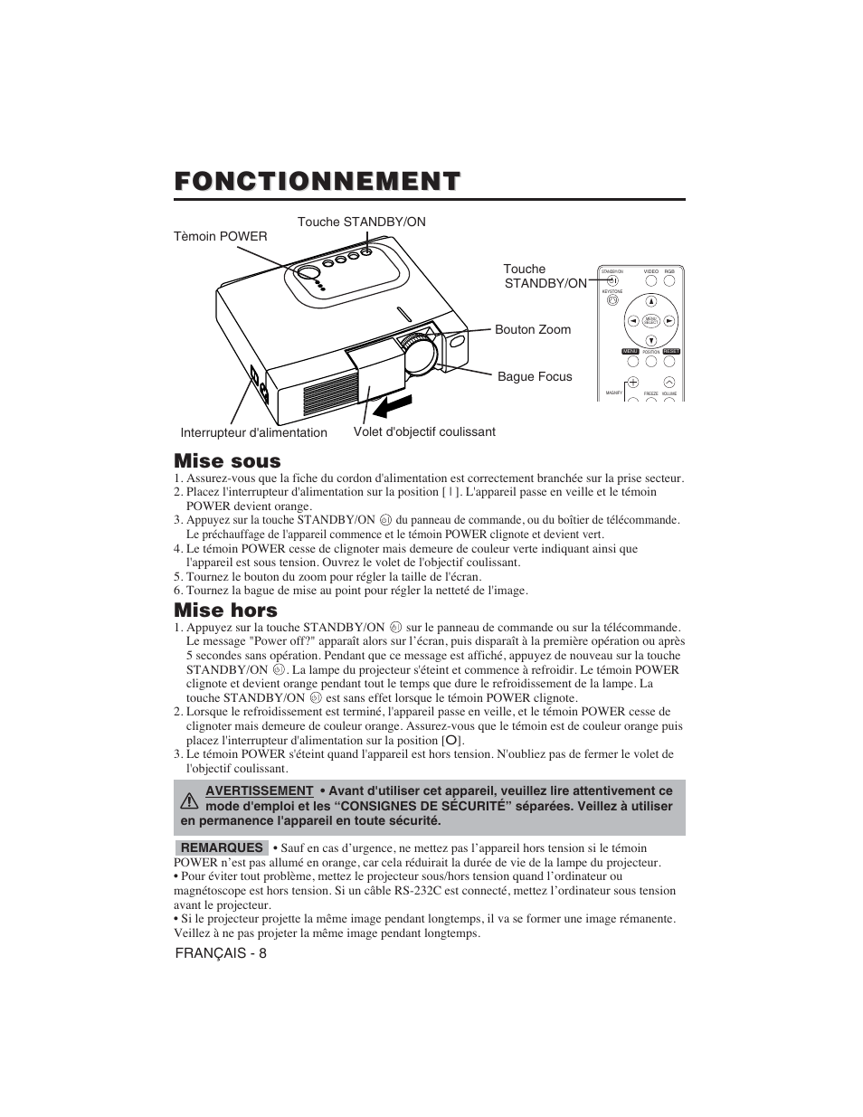 Fonctionnement, Mise sous, Mise hors | Hitachi CP-S225W User Manual | Page 57 / 205
