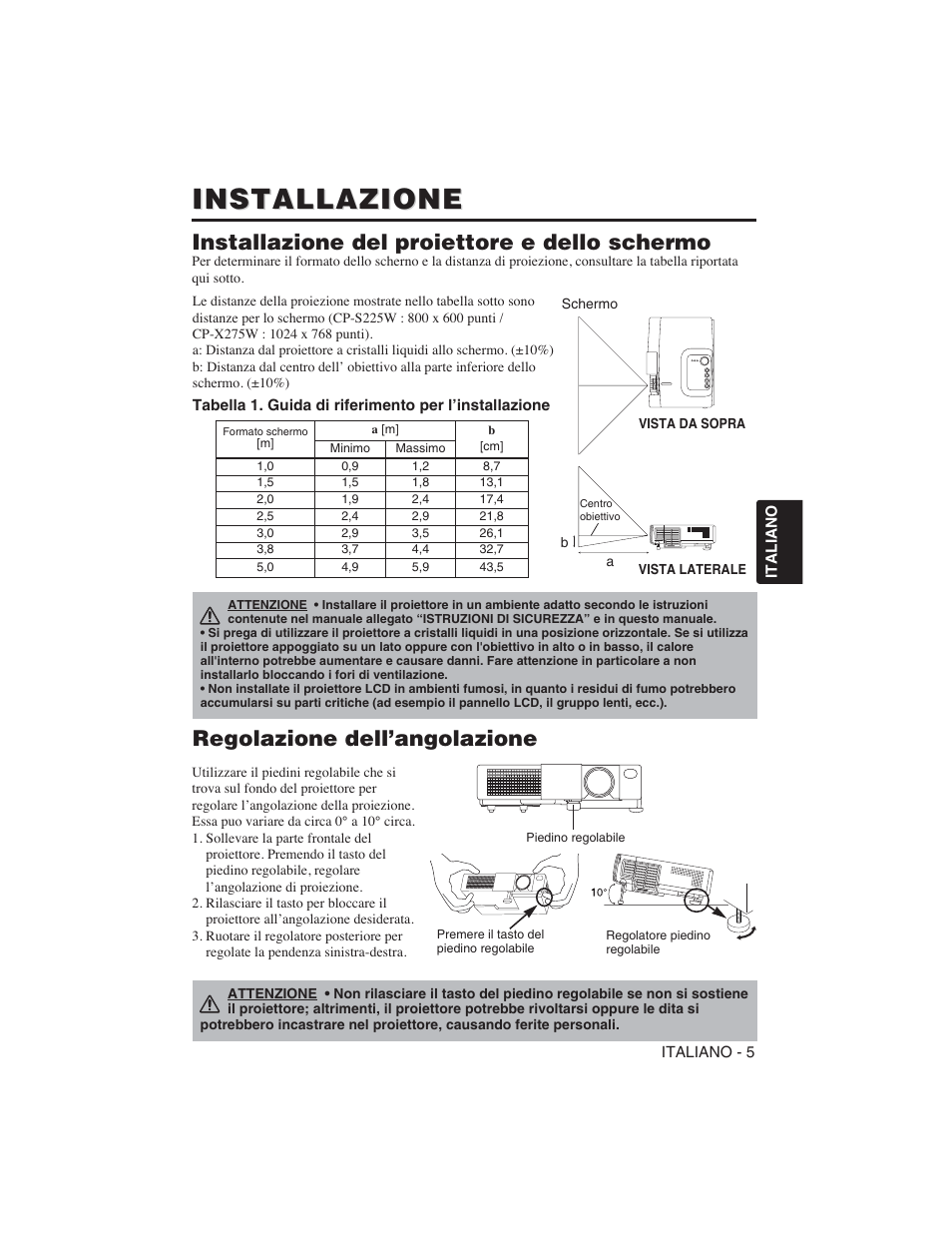 Installazione, Installazione del proiettore e dello schermo, Regolazione dell’angolazione | Hitachi CP-S225W User Manual | Page 78 / 205