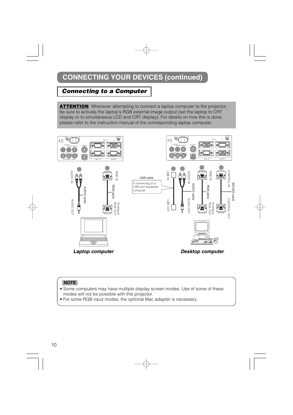 Connecting your devices (continued), Connecting to a computer, Laptop computer | Desktop computer | Hitachi CP-X327W User Manual | Page 11 / 44