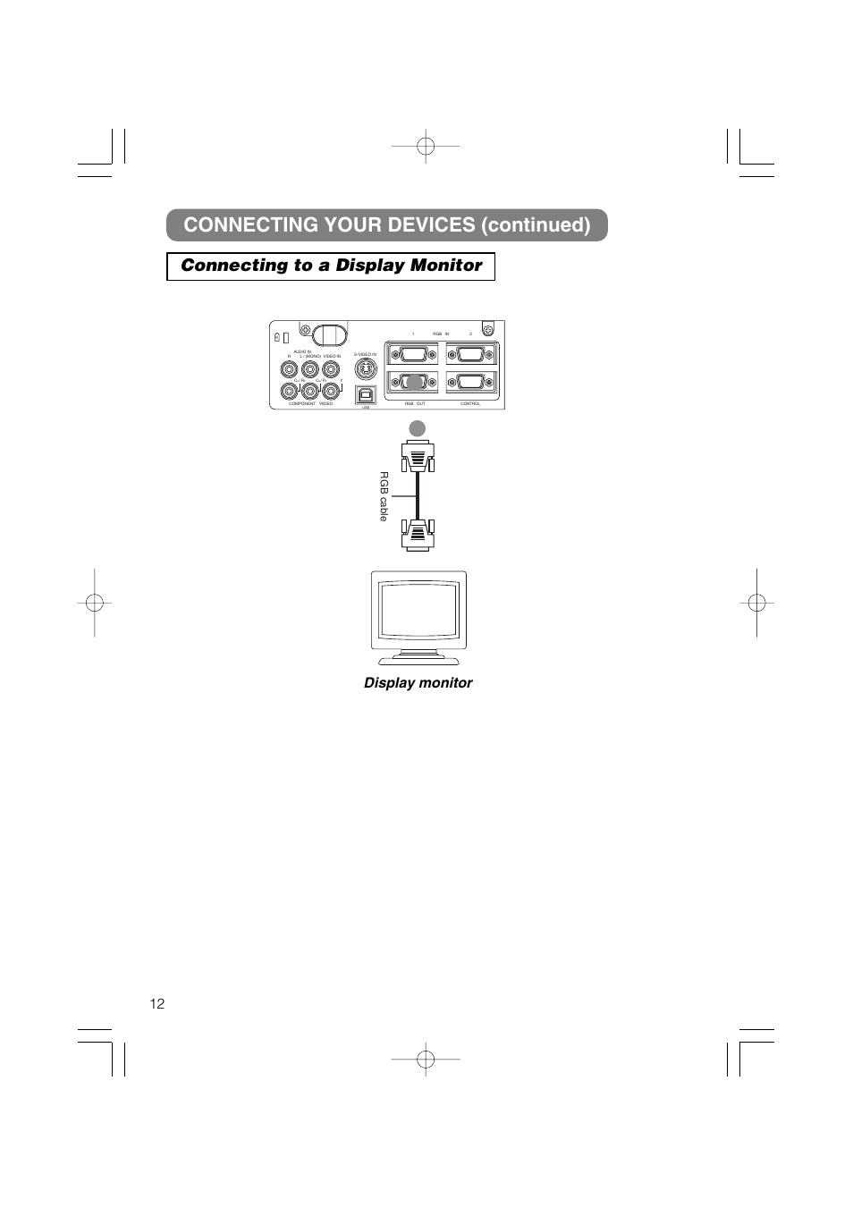 Connecting your devices (continued), Connecting to a display monitor, Display monitor | Rgb cable | Hitachi CP-X327W User Manual | Page 13 / 44