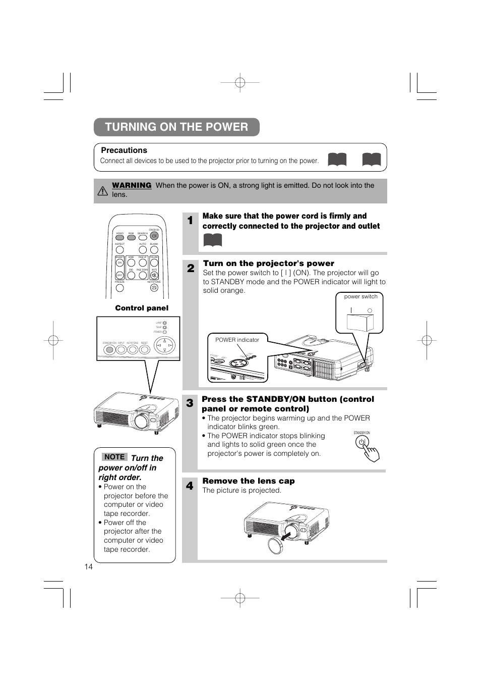 Turning on the power, Turn on the projector's power, Remove the lens cap | Precautions, Turn the power on/off in right order, The picture is projected, Control panel | Hitachi CP-X327W User Manual | Page 15 / 44