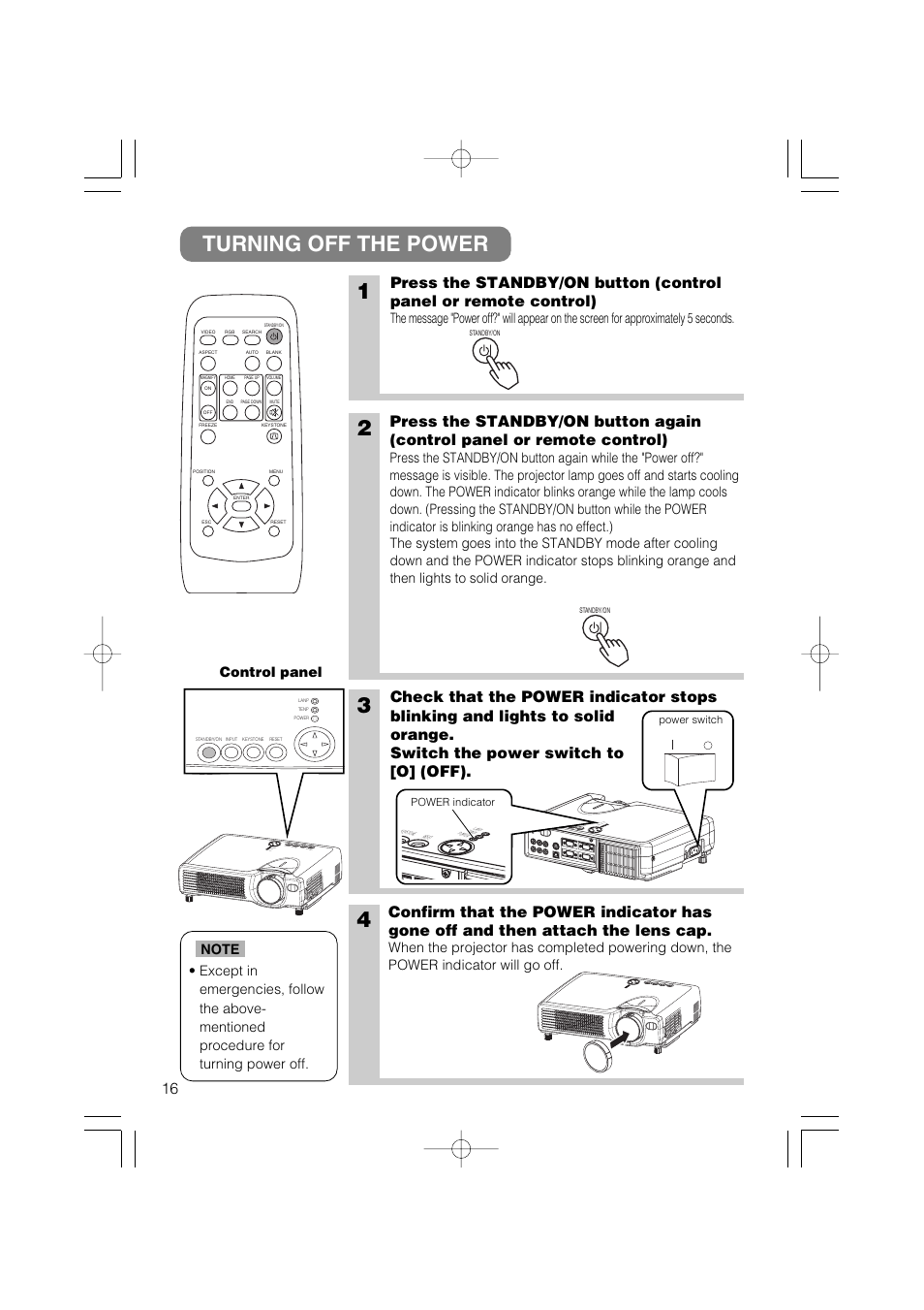 Turning off the power, Control panel, Power switch power indicator | Hitachi CP-X327W User Manual | Page 17 / 44