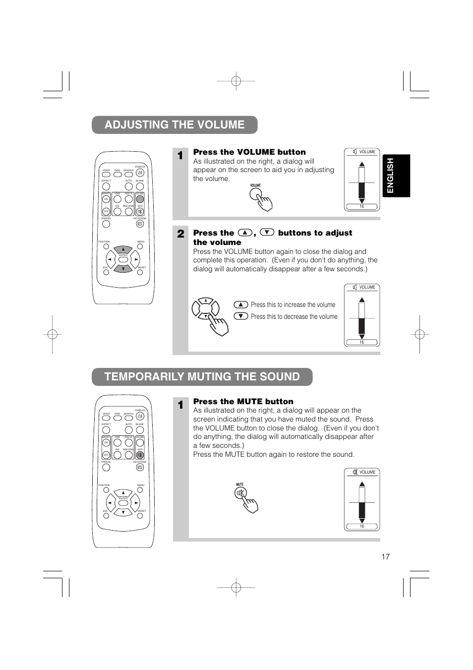 Adjusting the volume temporarily muting the sound, 17 english, Press the volume button | Press the mute button, Press the , buttons to adjust the volume | Hitachi CP-X327W User Manual | Page 18 / 44