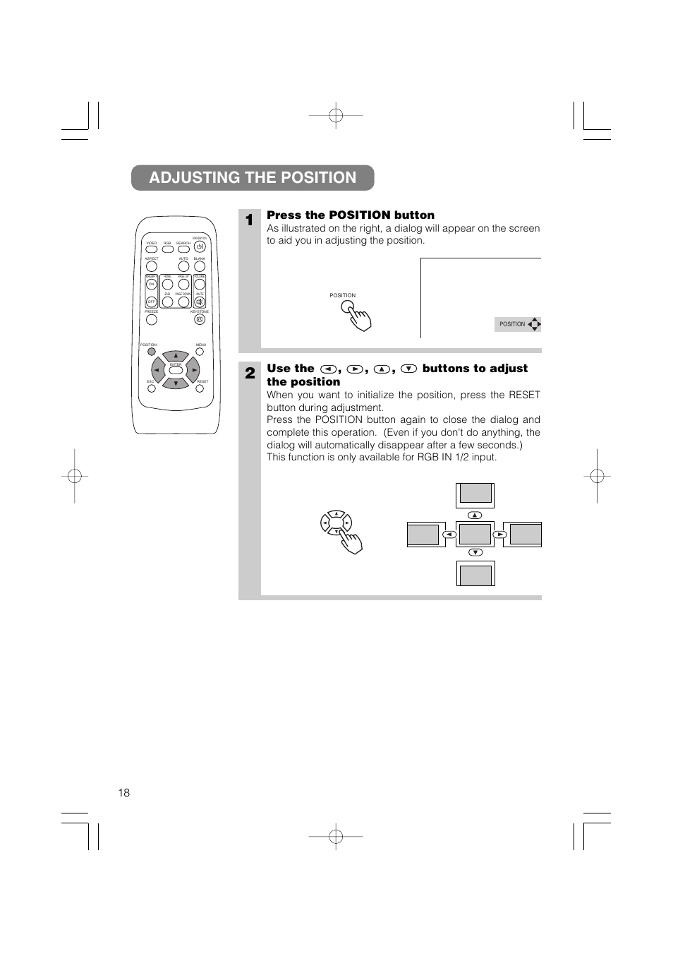 Adjusting the position, Press the position button, Use the , , , buttons to adjust the position | Hitachi CP-X327W User Manual | Page 19 / 44