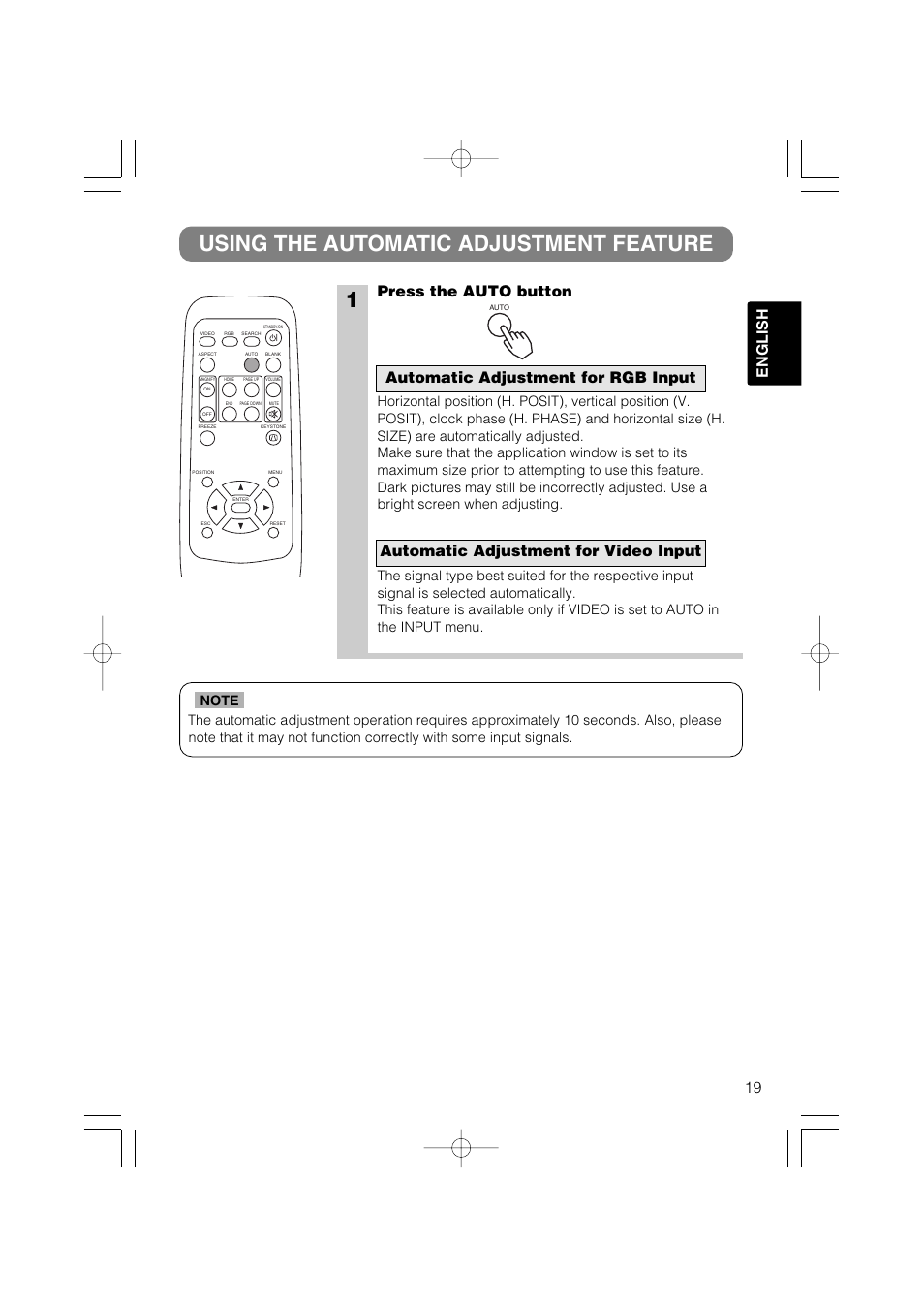 1using the automatic adjustment feature, 19 english, Press the auto button | Hitachi CP-X327W User Manual | Page 20 / 44