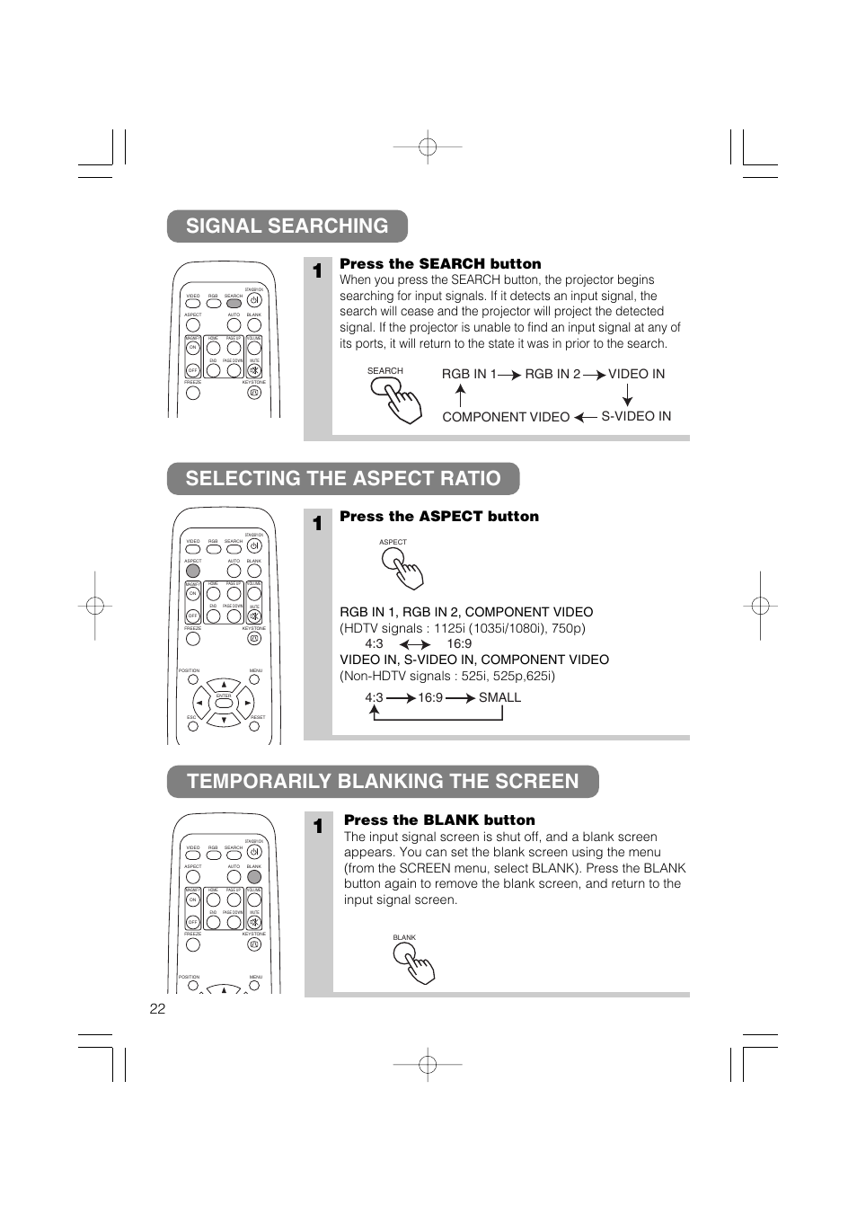 Press the search button, Press the aspect button, Press the blank button | Hitachi CP-X327W User Manual | Page 23 / 44