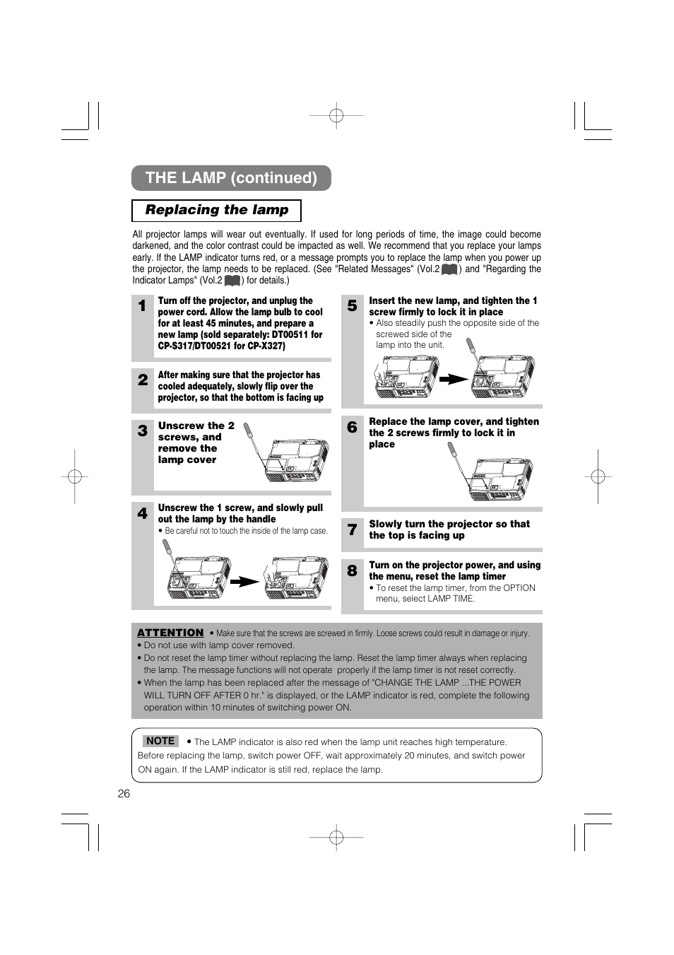 The lamp (continued), Replacing the lamp | Hitachi CP-X327W User Manual | Page 27 / 44