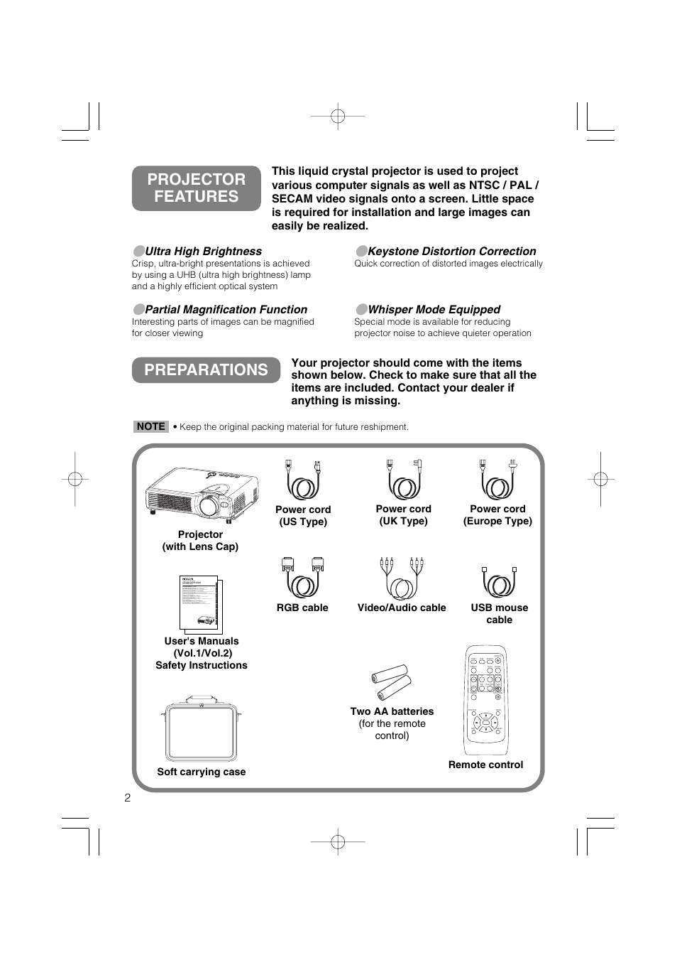 Preparations, Projector features, Ultra high brightness | Partial magnification function, Keystone distortion correction, Whisper mode equipped | Hitachi CP-X327W User Manual | Page 3 / 44