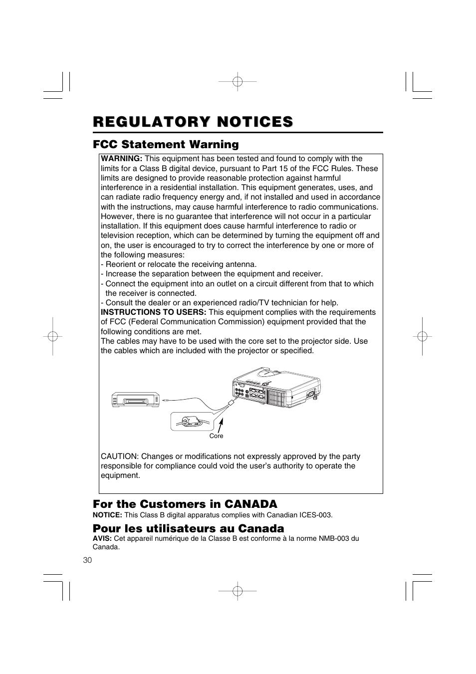 Regulatory notices, Fcc statement warning for the customers in canada, Pour les utilisateurs au canada | Hitachi CP-X327W User Manual | Page 31 / 44