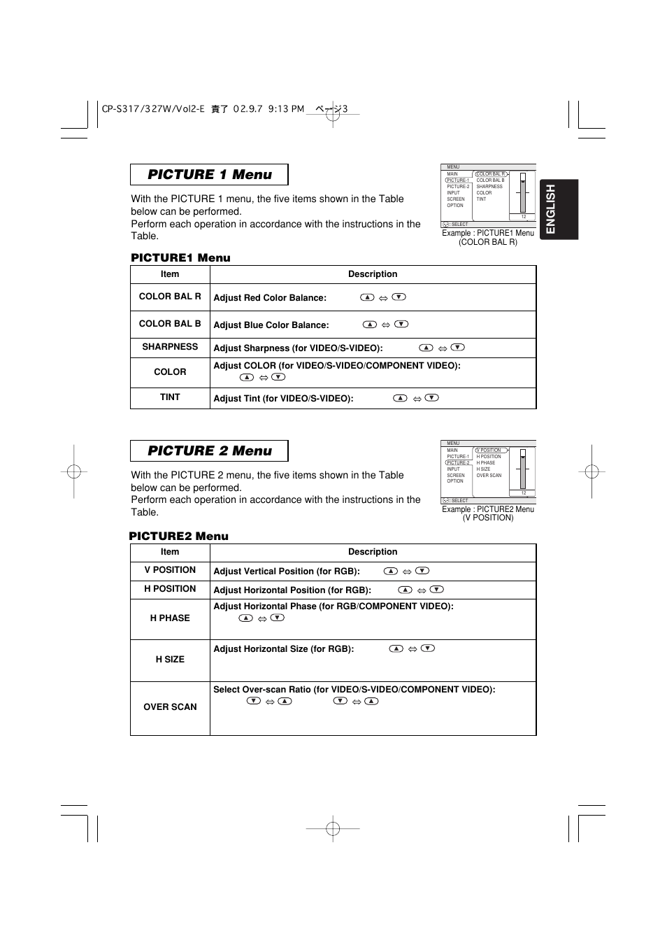 Picture 1 menu picture 2 menu, English, Picture1 menu | 3picture2 menu | Hitachi CP-X327W User Manual | Page 35 / 44