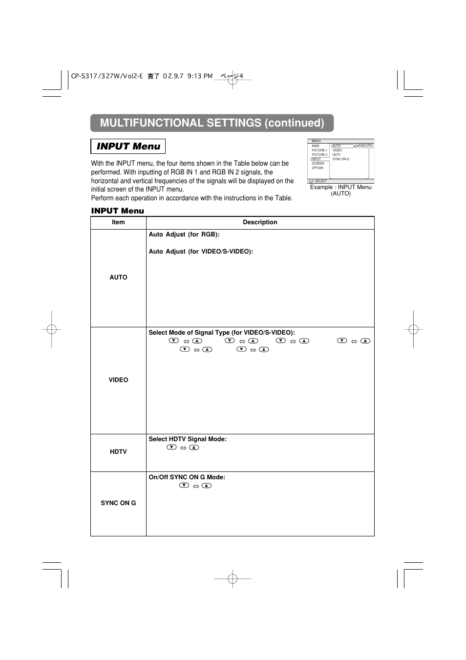 Multifunctional settings (continued), Input menu | Hitachi CP-X327W User Manual | Page 36 / 44