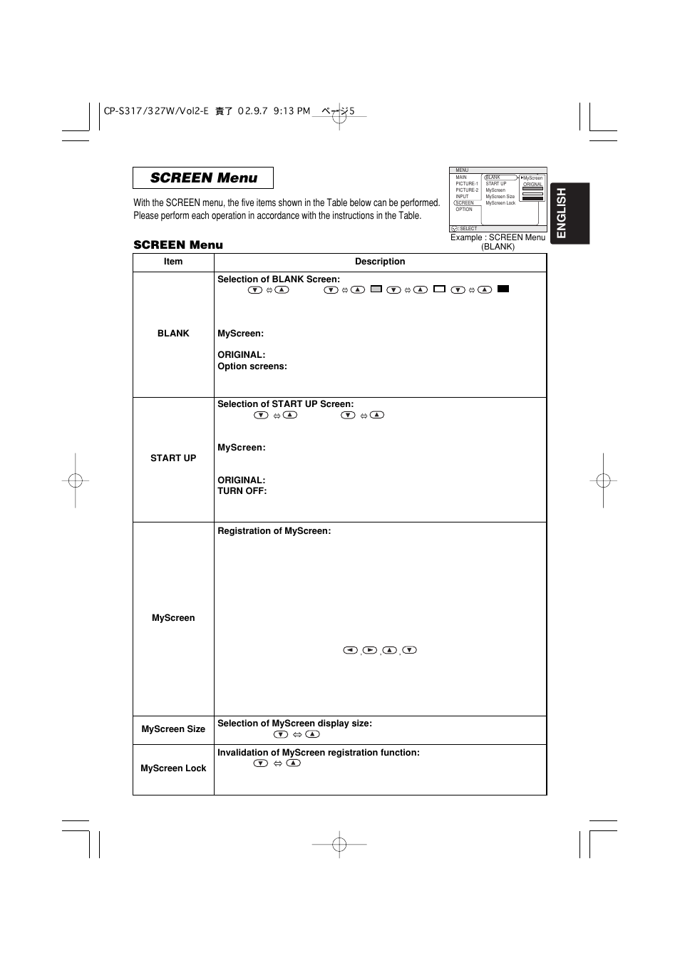 Screen menu, English, 5screen menu | Hitachi CP-X327W User Manual | Page 37 / 44