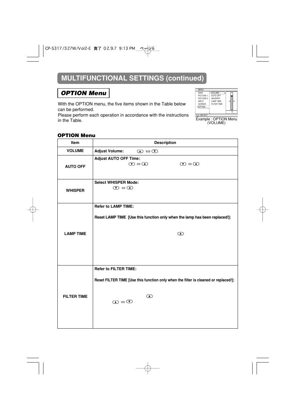Multifunctional settings (continued), Option menu | Hitachi CP-X327W User Manual | Page 38 / 44