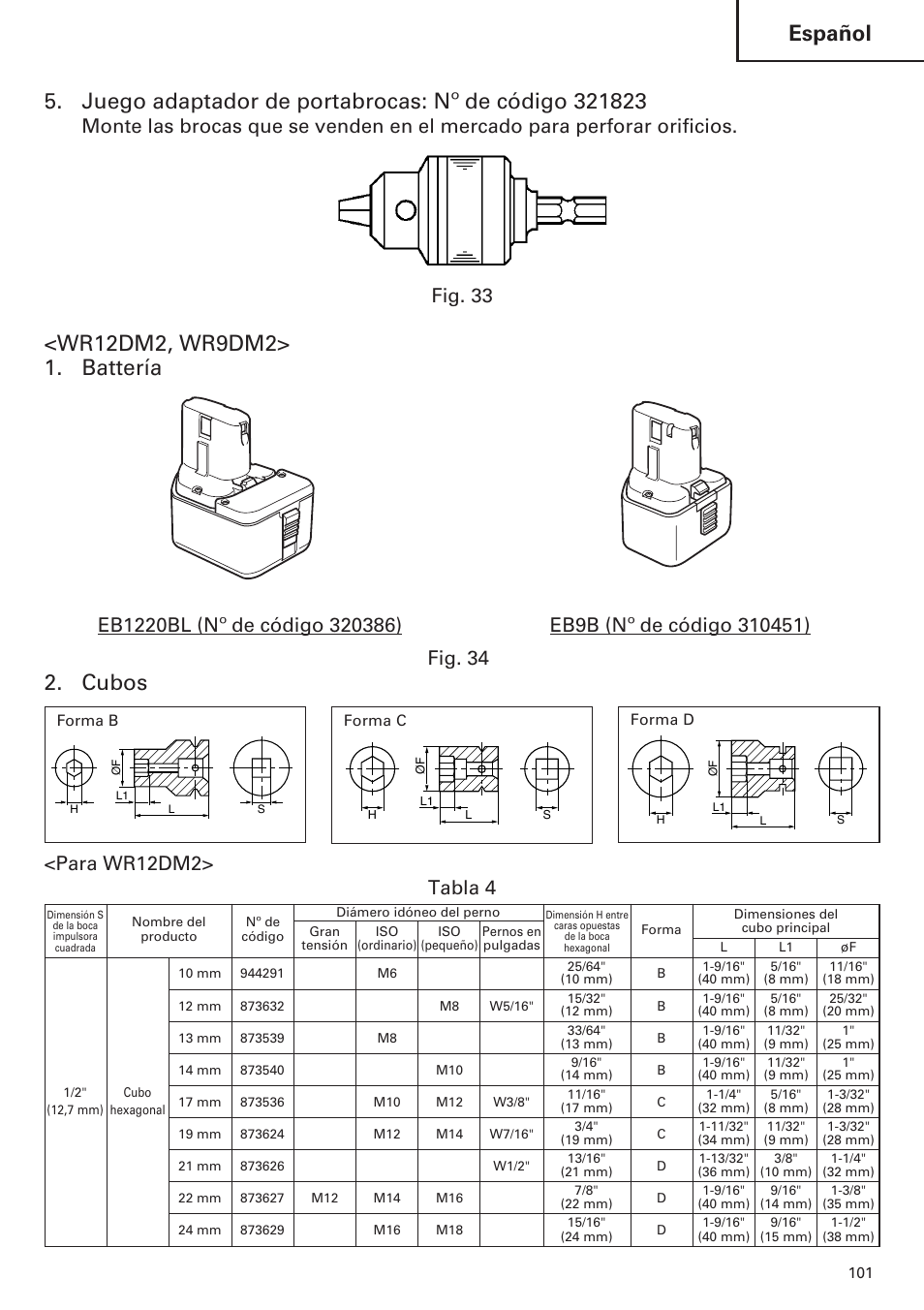 Español, Fig. 34, Tabla 4 | Para wr12dm2 | Hitachi WR9DM2 User Manual | Page 101 / 108