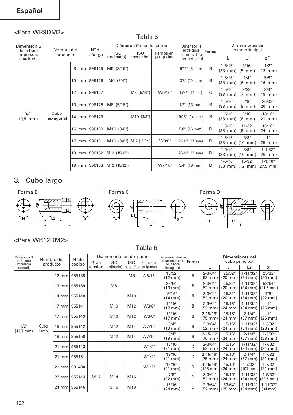 Español, Cubo largo, Tabla 5 | Para wr9dm2, Para wr12dm2> tabla 6 | Hitachi WR9DM2 User Manual | Page 102 / 108