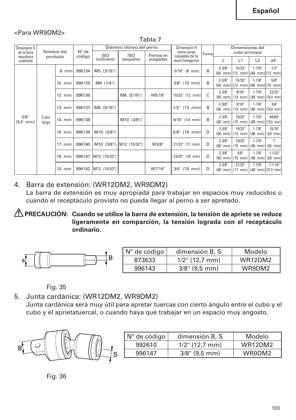 Español, Para wr9dm2> tabla 7 | Hitachi WR9DM2 User Manual | Page 103 / 108