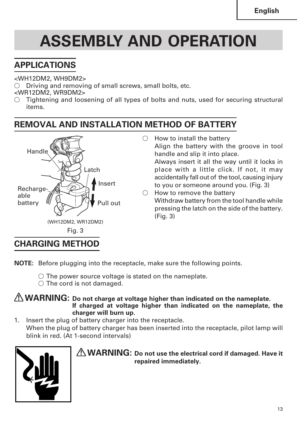 Assembly and operation, Applications, Removal and installation method of battery | Charging method, Warning | Hitachi WR9DM2 User Manual | Page 13 / 108