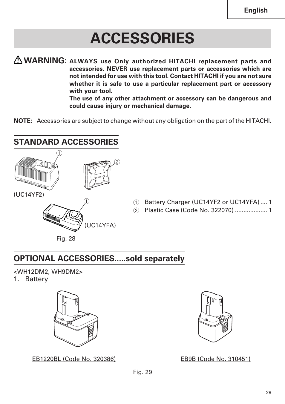 Accessories, Warning | Hitachi WR9DM2 User Manual | Page 29 / 108