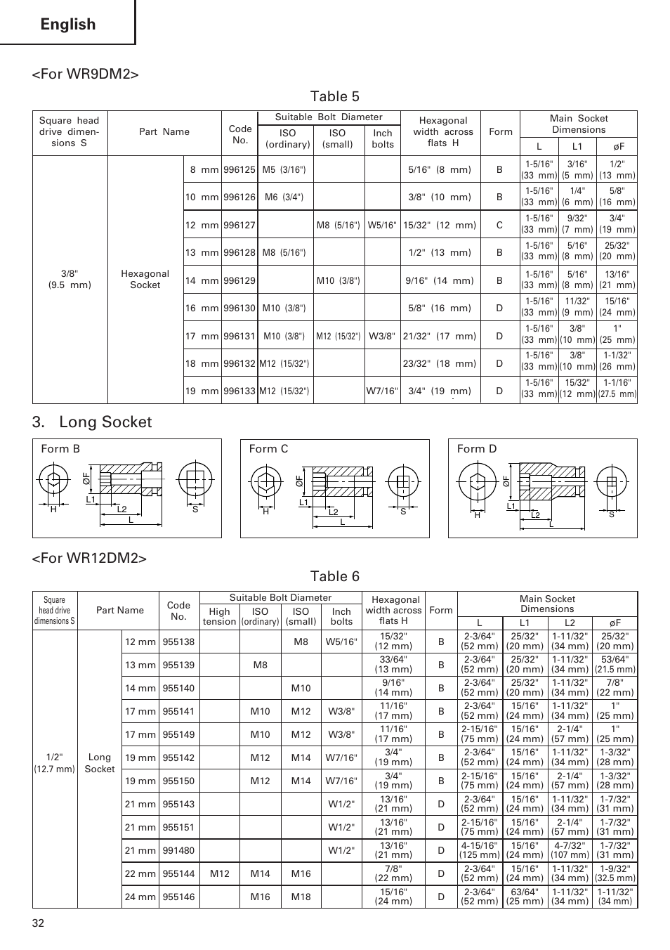 English, Long socket, For wr9dm2> table 5 | Table 6 <for wr12dm2 | Hitachi WR9DM2 User Manual | Page 32 / 108