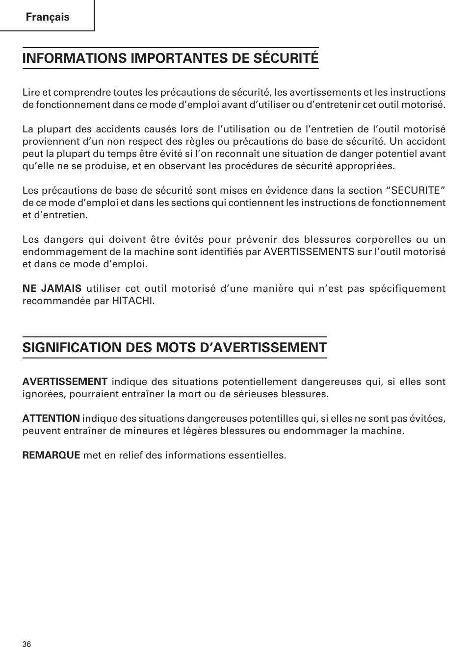 Informations importantes de sécurité, Signification des mots d’avertissement | Hitachi WR9DM2 User Manual | Page 36 / 108