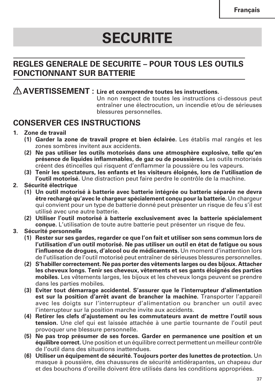 Securite, Conserver ces instructions | Hitachi WR9DM2 User Manual | Page 37 / 108