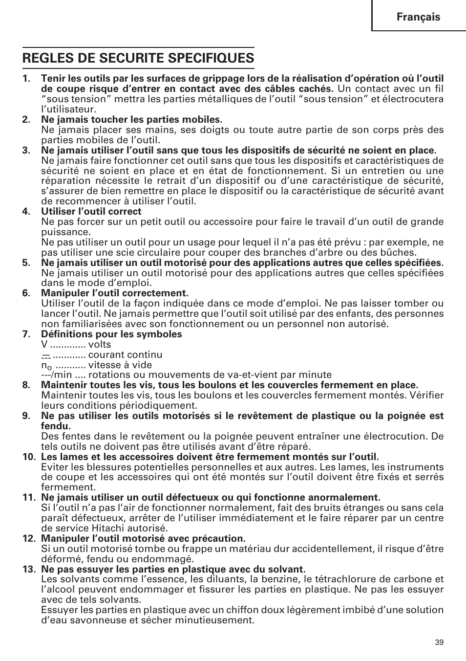 Regles de securite specifiques | Hitachi WR9DM2 User Manual | Page 39 / 108