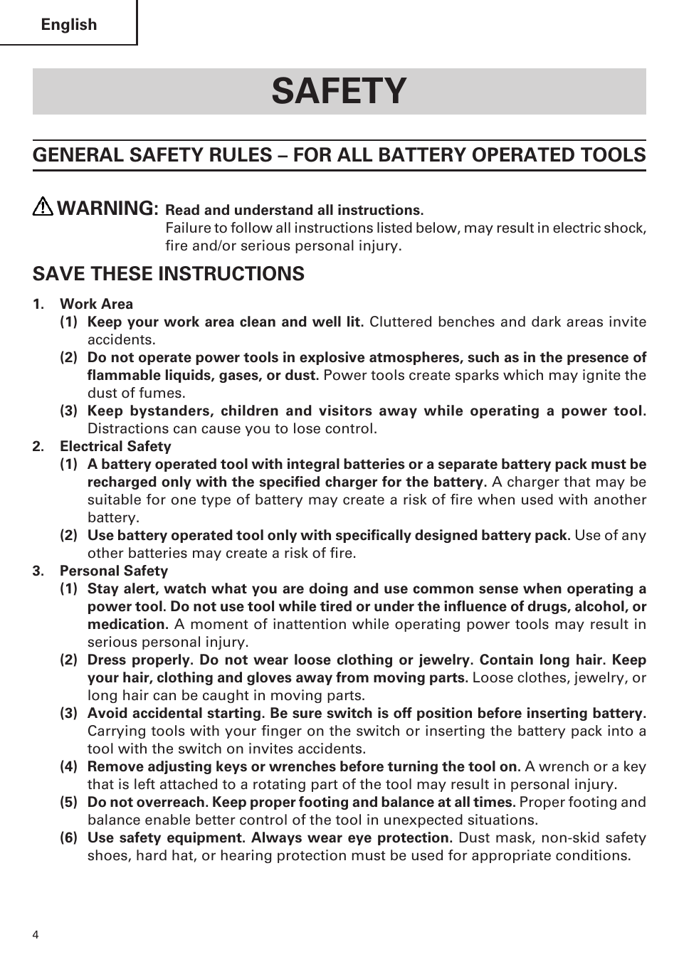 Safety, Save these instructions | Hitachi WR9DM2 User Manual | Page 4 / 108