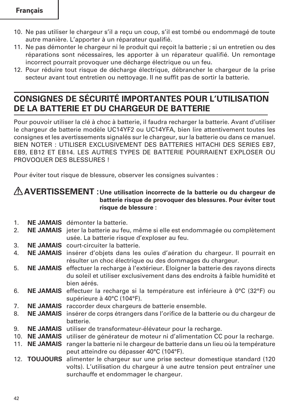 Avertissement | Hitachi WR9DM2 User Manual | Page 42 / 108