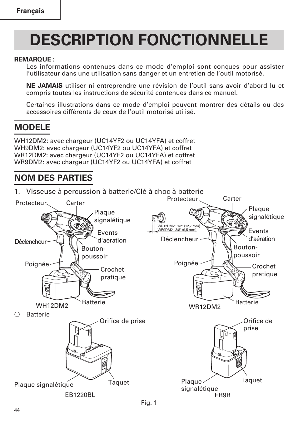 Description fonctionnelle, Modele, Nom des parties | Hitachi WR9DM2 User Manual | Page 44 / 108