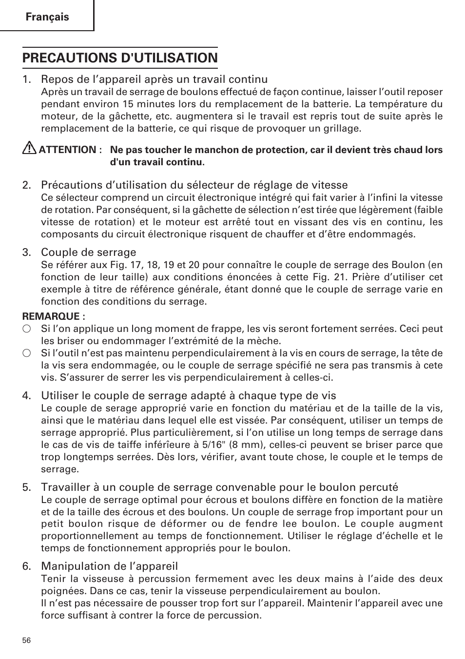 Precautions d'utilisation | Hitachi WR9DM2 User Manual | Page 56 / 108