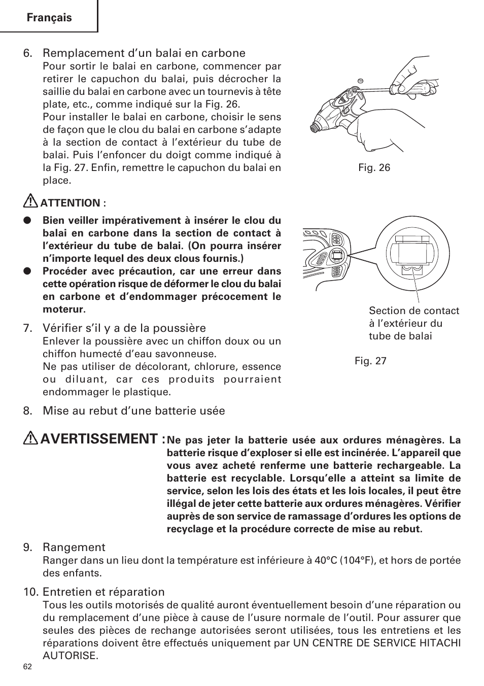 Avertissement | Hitachi WR9DM2 User Manual | Page 62 / 108