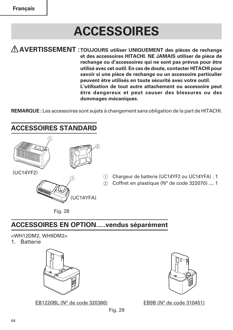 Accessoires, Avertissement | Hitachi WR9DM2 User Manual | Page 64 / 108