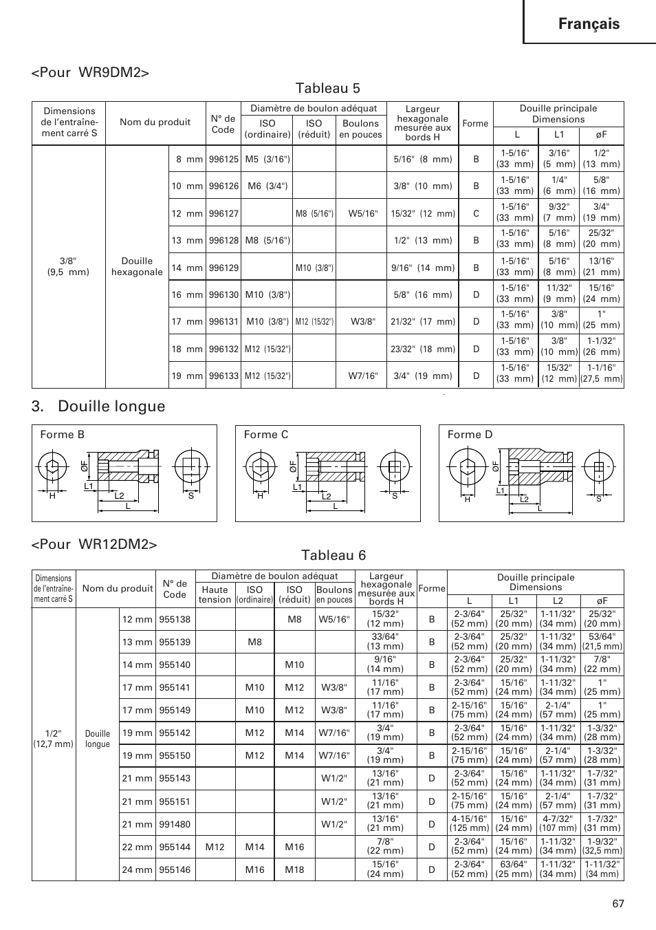 Français, Douille longue, Pour wr9dm2> tableau 5 | Pour wr12dm2> tableau 6 | Hitachi WR9DM2 User Manual | Page 67 / 108